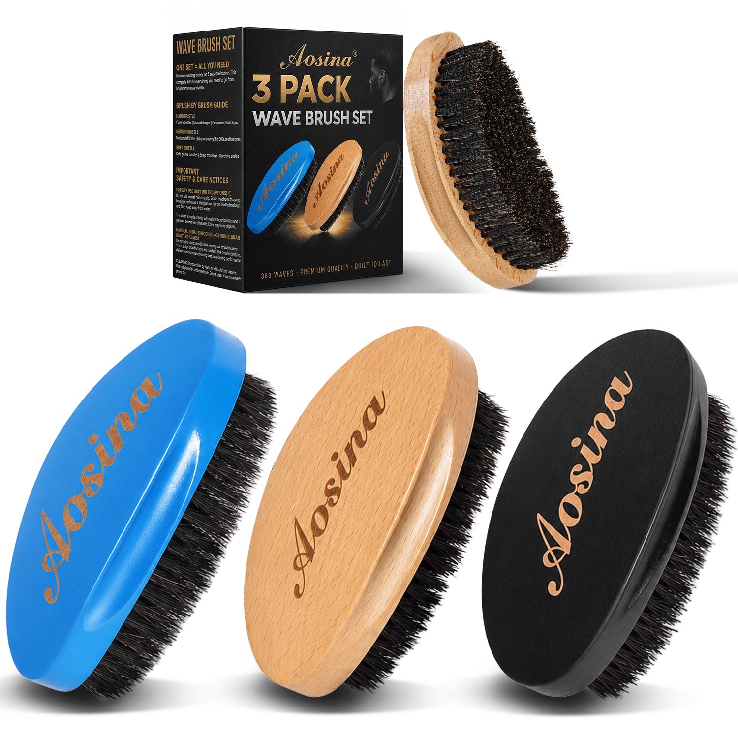 AOSINA 3-Pack Wave Brush Set showing soft, medium hard and hard brushes side by side